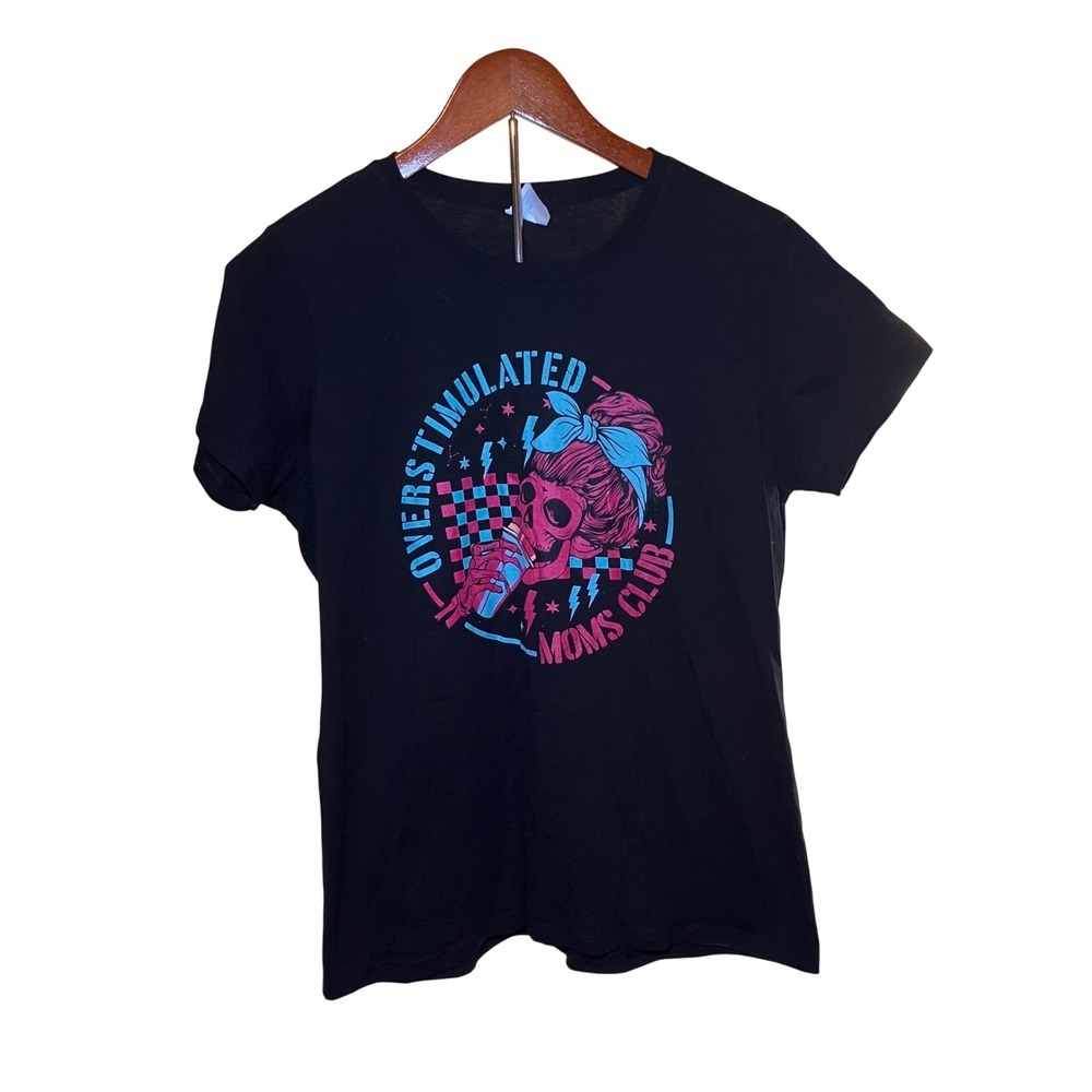 Port & Company Size Medium Overstimulated Moms Club Shirt Black Good Skull